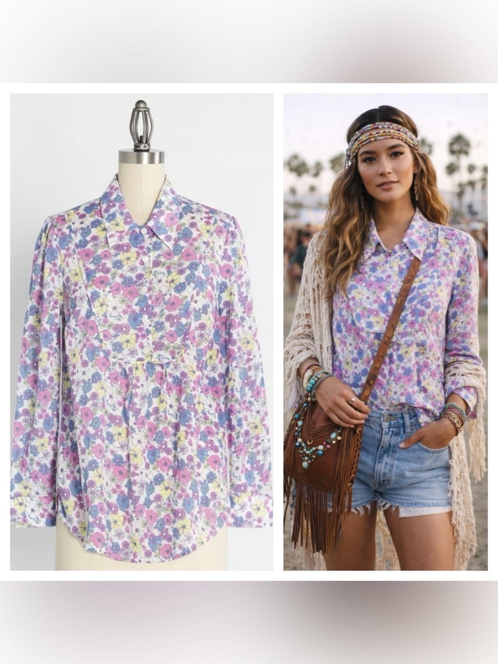 ModCloth Flower Patch Pleasantries Bib Front Lavender Floral Cotton Blouse MED